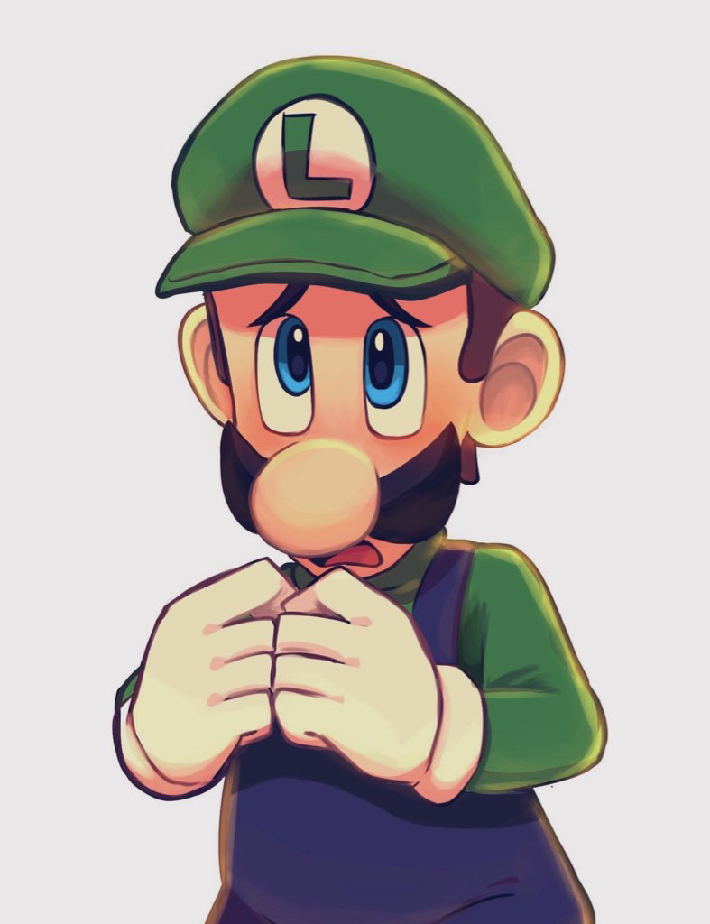 1boy blue_eyes blue_overalls blush brown_hair commentary_request facial_hair frown gloves green_headwear green_shirt hands_up hat hiyashimeso long_sleeves looking_at_viewer luigi male_focus mustache open_mouth overalls own_hands_together raised_eyebrows shirt short_hair simple_background solo super_mario_bros. white_background white_gloves