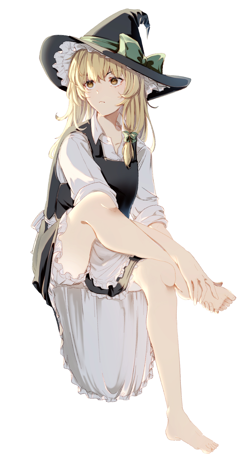 1girl aoi_(annbi) apron back_bow barefoot black_dress black_headwear blonde_hair bloomers bow buttons closed_mouth collarbone collared_shirt commentary_request dress fingernails frills green_bow hair_between_eyes hair_bow hat hat_bow highres kirisame_marisa leg_up long_hair long_sleeves looking_to_the_side shirt simple_background sitting solo toenails touhou white_apron white_background white_bloomers white_bow white_shirt wing_collar witch_hat yellow_eyes