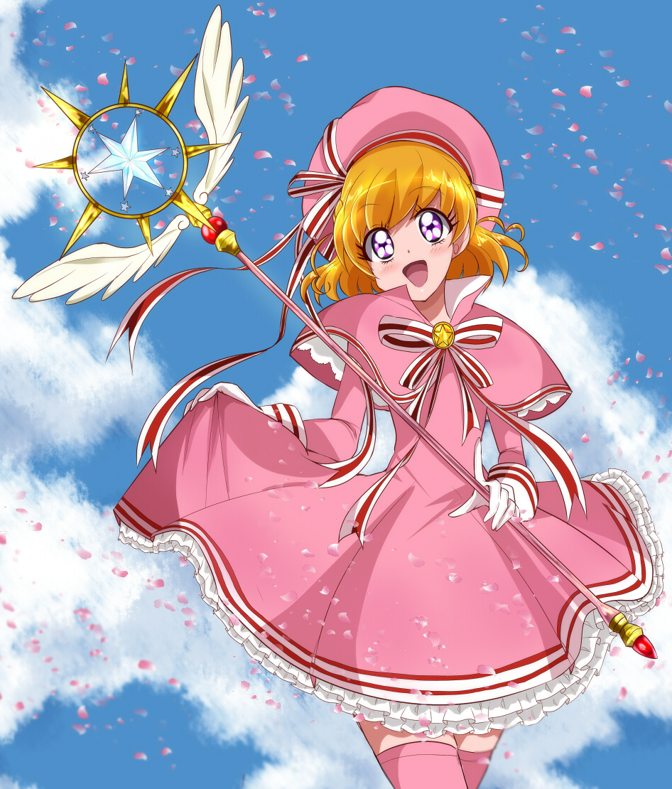 1girl asahina_mirai beret blue_sky brooch capelet cardcaptor_sakura clouds cloudy_sky commentary cosplay cowboy_shot day dress frilled_dress frills gloves haru_(nature_life) hat holding holding_staff hoshi_no_tsue jewelry kinomoto_sakura kinomoto_sakura_(cosplay) long_sleeves looking_at_viewer mahou_girls_precure! medium_hair neck_ribbon open_mouth orange_hair outdoors petals pink_capelet pink_dress pink_headwear pink_thighhighs precure red_ribbon ribbon short_dress skirt_hold sky smile solo staff standing thigh-highs violet_eyes white_gloves