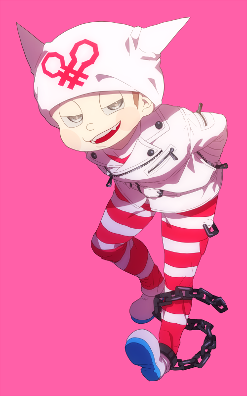 1boy animal_ear_headwear animal_ears beanie belt belt_buckle blush_stickers brown_hair buckle buttons cat_ears chain collared_jacket commentary_request cuffs danganronpa_(series) danganronpa_v3:_killing_harmony fake_animal_ears fangs full_body grey_eyes half-closed_eyes hands_in_pockets hat hoshi_ryoma jacket jumpsuit kogarashi_8 leaning_forward leather leather_jacket male_focus open_mouth palette_swap partial_commentary pink_background pink_jumpsuit prison_clothes shackles shoes short_hair simple_background smile solo striped_jumpsuit two-tone_jumpsuit very_short_hair white_belt white_footwear white_headwear white_jacket white_jumpsuit zipper zipper_pull_tab