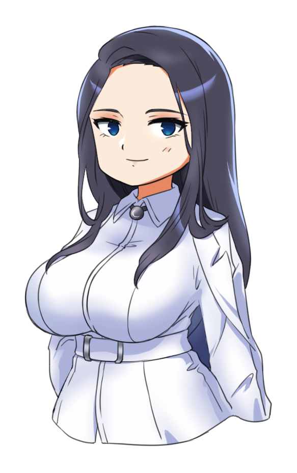 1girl black_hair blue_cape blue_eyes breasts cape closed_mouth coat coat_on_shoulders collared_shirt invincible_dragon_(last_origin) large_breasts last_origin long_hair nonamejd shirt simple_background smile solo two-sided_fabric two-tone_cape white_background white_coat white_shirt