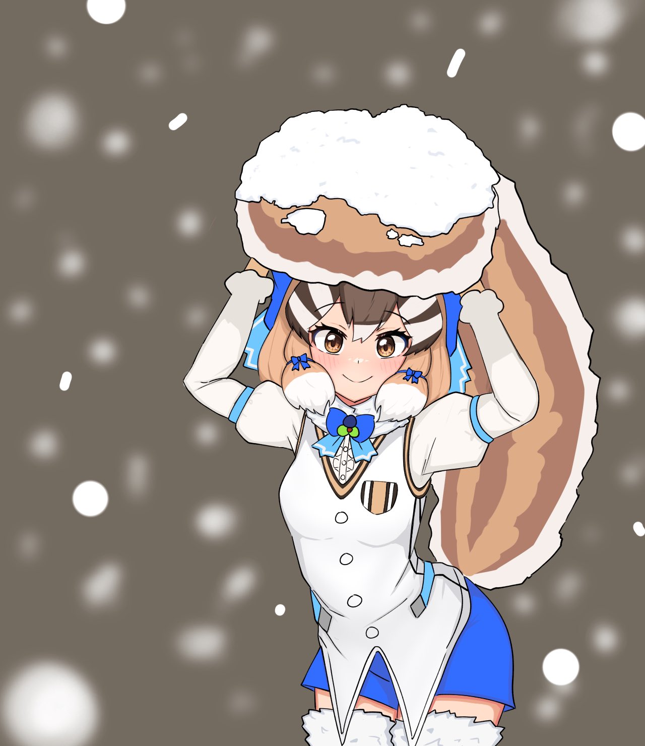 1girl brown_eyes brown_hair chipmunk_girl chipmunk_tail gloves highres kemono_friends kemono_friends_v_project looking_at_viewer microphone ribbon shirt short_hair shorts siberian_chipmunk_(kemono_friends) simple_background snow solo tail tengt_e thigh-highs vest virtual_youtuber