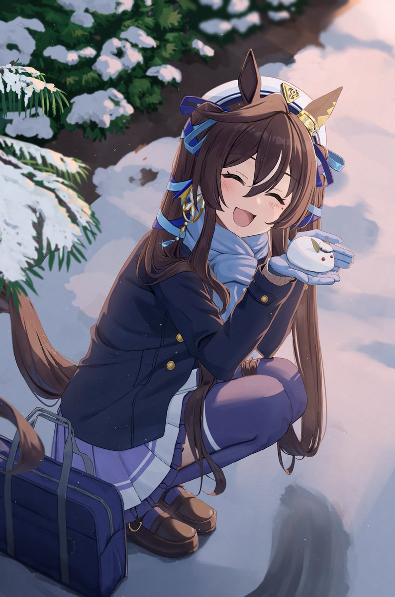 1girl :3 animal_ears bag blue_coat blue_scarf blush brown_footwear brown_hair cidersour closed_eyes coat commentary_request ear_covers gloves hair_between_eyes hair_ornament highres horse_ears horse_girl horse_tail long_hair multicolored_hair open_mouth outdoors petticoat pleated_skirt purple_skirt purple_thighhighs scarf school_bag school_uniform single_ear_cover skirt smile snow snow_rabbit solo squatting streaked_hair tail thigh-highs tracen_school_uniform tracen_winter_coat twintails umamusume very_long_hair vivlos_(umamusume) white_hair white_headwear winter_clothes winter_coat