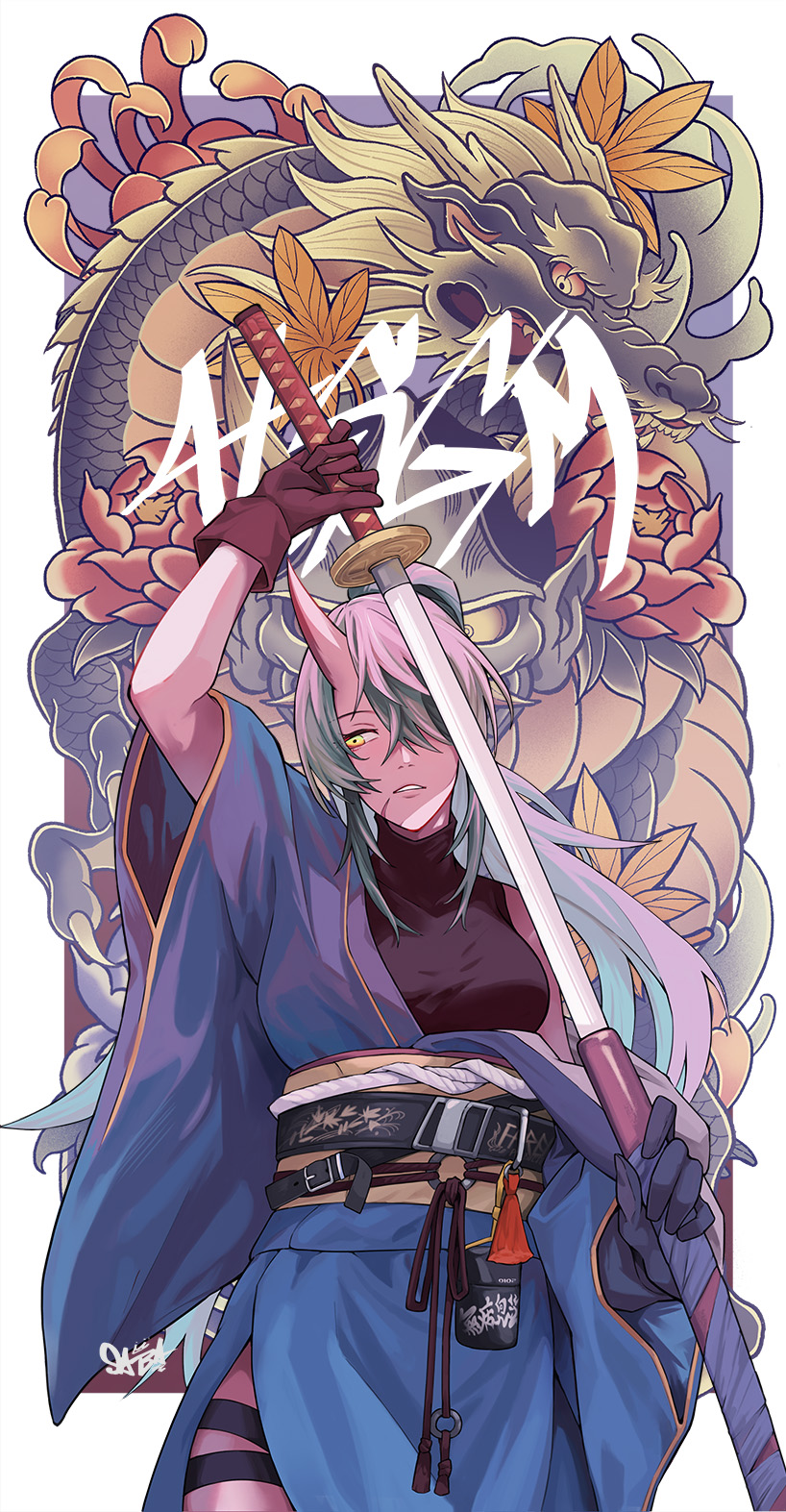 1girl alternate_costume arknights belt black_belt black_sweater blue_background blue_kimono border commentary dragon drawing_sword flower frown green_hair hair_over_one_eye highres holding holding_sword holding_weapon horns hoshiguma_(arknights) japanese_clothes katana kimono long_hair looking_at_viewer obi open_clothes open_kimono peppsi_(saba_sabasuk0) red_flower red_rose rose sash sheath side_slit signature single_horn skin-covered_horns solo sweater sword thigh_strap weapon yellow_eyes