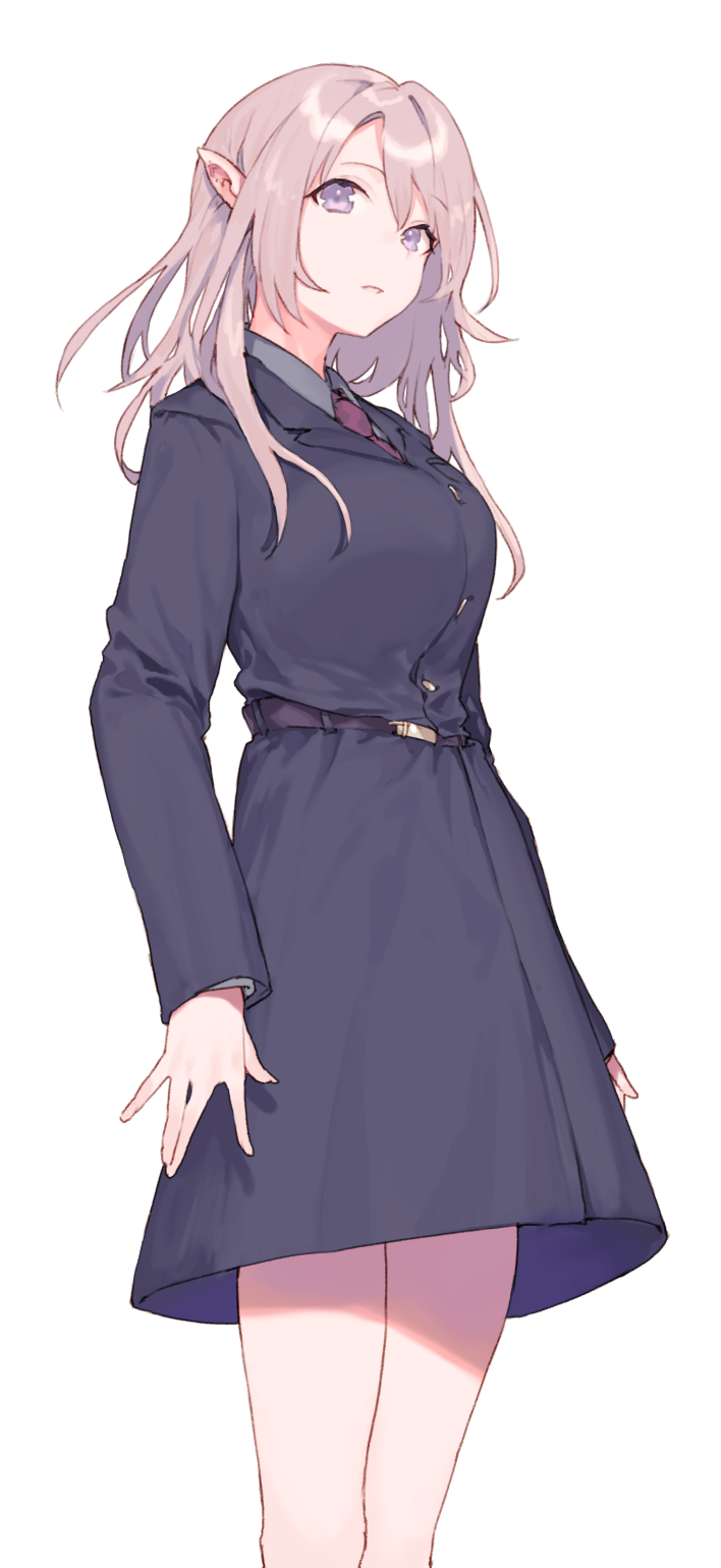 1girl bare_legs belt black_dress breasts buttons dress fifuth grey_hair highres large_breasts long_hair looking_at_viewer original pointy_ears standing violet_eyes