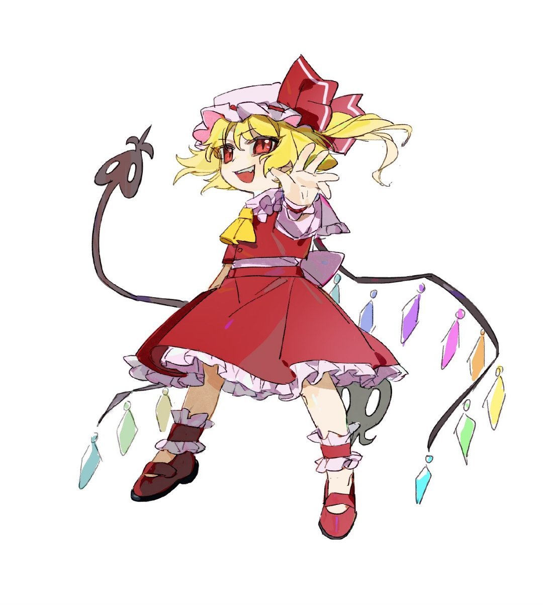 1girl ankle_cuffs blonde_hair chinese_commentary commentary_request flandre_scarlet frilled_shirt_collar frilled_skirt frills full_body hat hat_ribbon highres laevatein_(touhou) mary_janes mob_cap open_mouth phagic red_eyes red_footwear red_ribbon red_skirt red_vest ribbon shirt shoes side_ponytail simple_background skirt smile solo touhou vest white_background white_headwear white_shirt wings