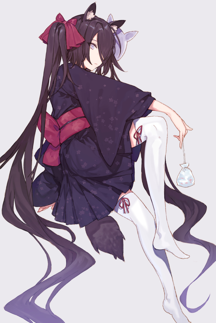 1girl animal_ear_fluff animal_ears bag black_hair black_kimono bow closed_mouth expressionless fifuth floral_print_kimono grey_background hair_bow hair_over_one_eye highres holding holding_bag invisible_chair japanese_clothes kimono knee_up leg_ribbon legs long_hair mask mask_on_head obi original red_bow red_ribbon red_sash ribbon sash simple_background sitting solo tail thigh-highs thigh_ribbon twintails very_long_hair violet_eyes white_thighhighs yukata