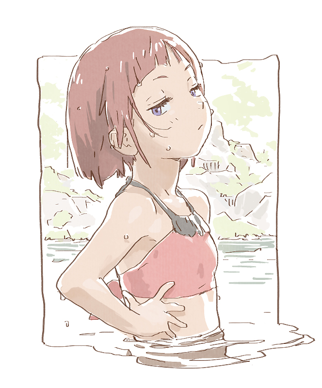 1girl bare_arms bare_shoulders bikini blunt_bangs border brown_hair commentary_request flat_chest from_side looking_at_viewer matsuo_yuusuke outside_border red_bikini senjuin_koharu short_hair simple_background swimsuit upper_body violet_eyes wading wet white_background white_border yama_no_susume