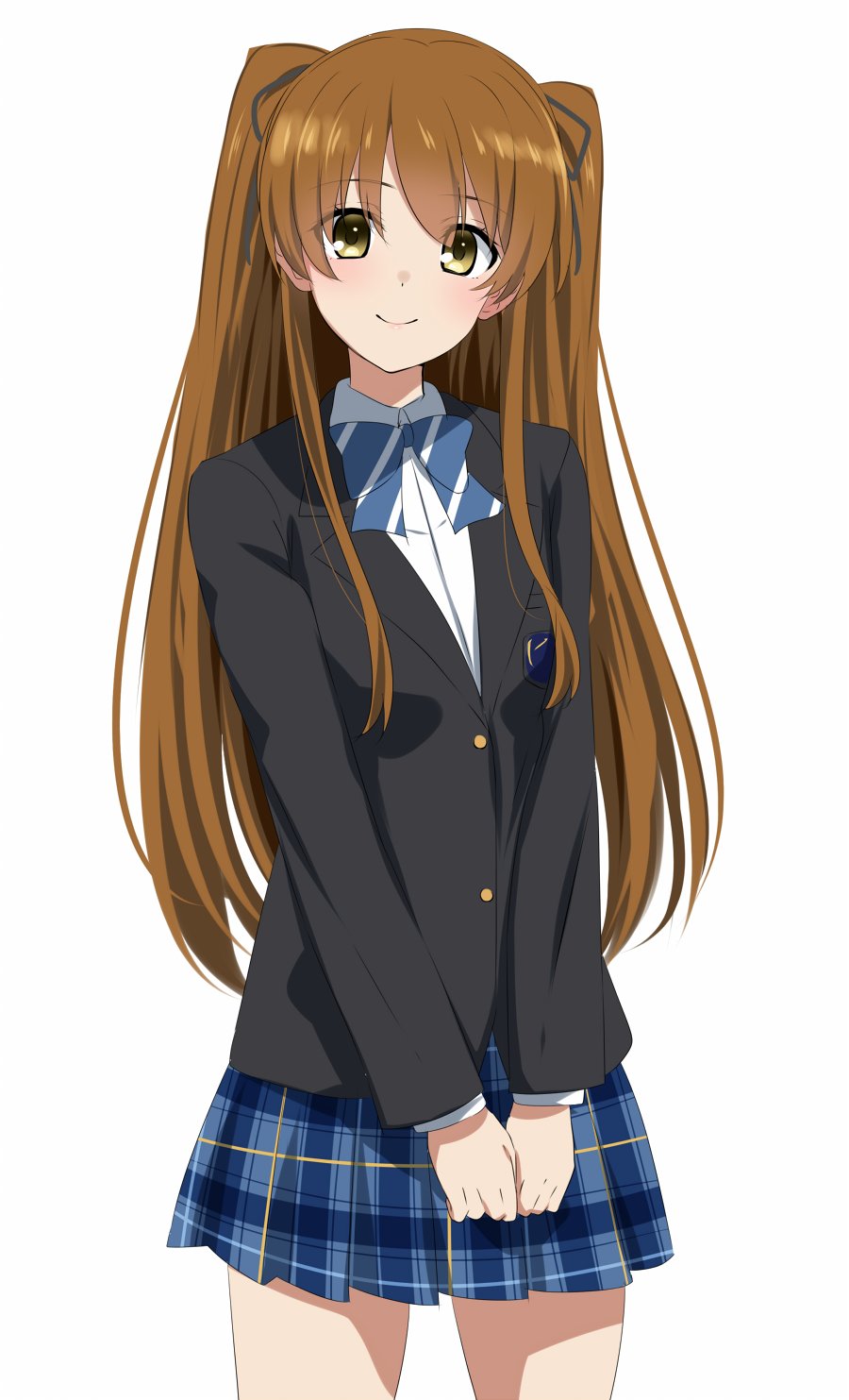 1girl black_jacket blazer blue_bow blue_bowtie blue_skirt bow bowtie brown_eyes brown_hair closed_mouth collared_shirt cowboy_shot dars_(recolors) diagonal-striped_bow diagonal-striped_bowtie diagonal-striped_clothes highres jacket long_hair long_sleeves looking_at_viewer ogiso_setsuna plaid plaid_skirt school_emblem shirt simple_background skirt smile solo standing striped_clothes two_side_up white_album_(series) white_album_2 white_background white_shirt