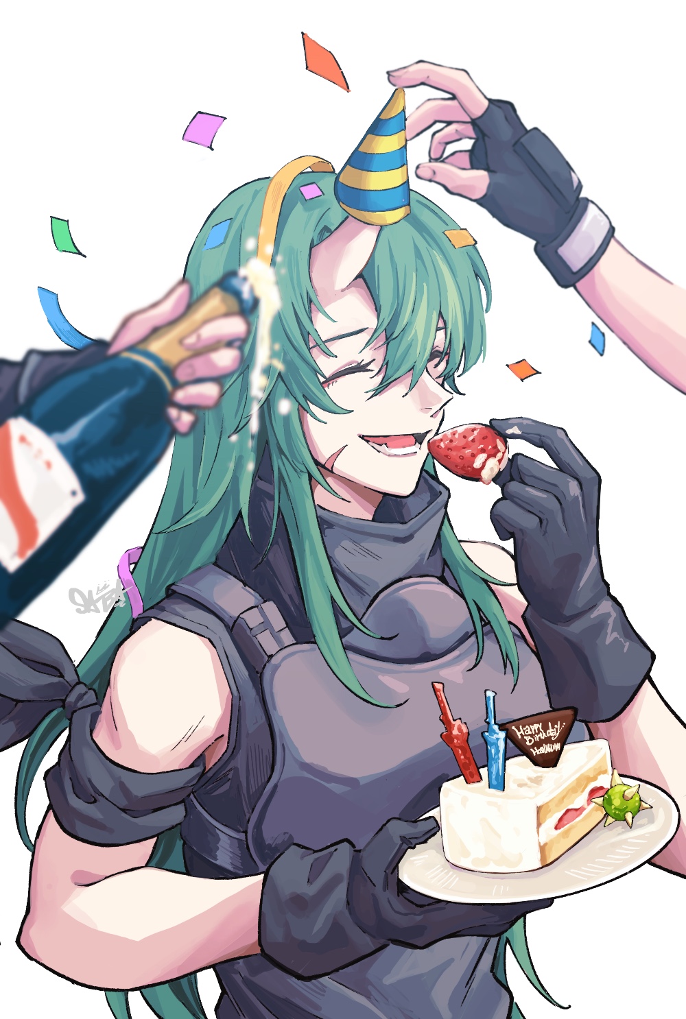 1girl arknights arm_scarf armpit_crease black_gloves black_shirt body_armor bottle cake cake_slice ch'en_(arknights) champagne_bottle closed_eyes commentary confetti fingerless_gloves food fruit gloves green_hair hat highres holding holding_bottle holding_food holding_plate horns hoshiguma_(arknights) long_hair party_hat peppsi_(saba_sabasuk0) plate scar scar_on_face shirt signature simple_background single_horn skin-covered_horns sleeveless sleeveless_shirt solo_focus strawberry swire_(arknights) upper_body white_background
