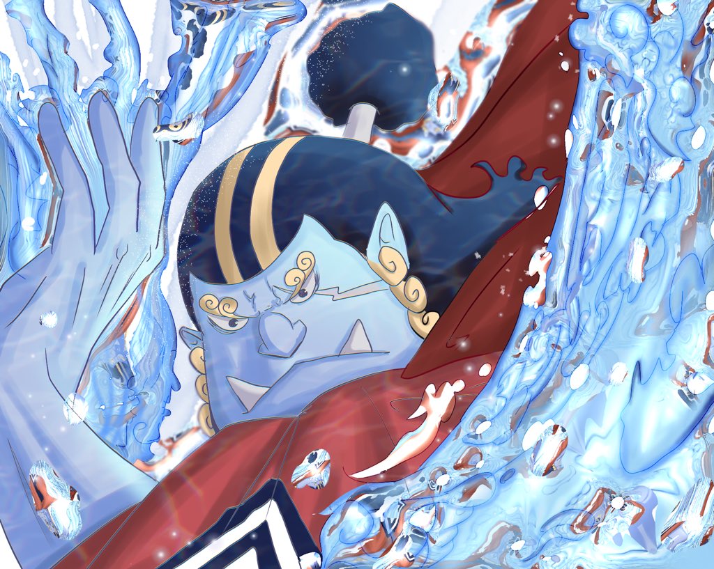 1boy blue_skin cape claws close-up colored_skin commentary_request fish_boy half_updo jinbe_(one_piece) male_focus one_piece red_cape scar scar_on_face solo suzu_(suzuran_piece) water