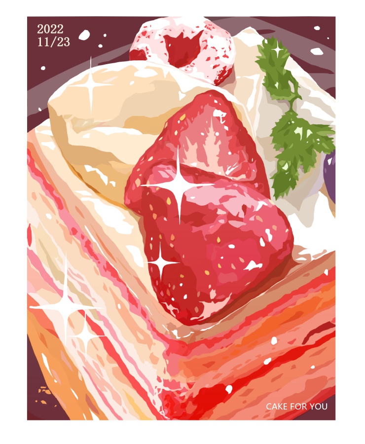 border cake cake_slice dated dessert food food_focus fruit icing leaf matsuyama_kojika no_humans original still_life strawberry strawberry_shortcake white_border