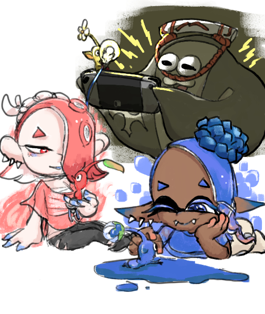 1boy 2girls asymmetrical_bangs big_man_(splatoon) black_eyes black_pants blue_eyes blue_hair blue_nails blue_pikmin blue_shirt blue_skin blue_sleeves bubble bud chest_sarashi closed_mouth colored_eyelashes colored_skin creature dark-skinned_female dark_skin ear_piercing fangs fangs_out fire flower frye_(splatoon) hair_bun hair_over_one_eye hand_on_own_cheek hand_on_own_face handheld_game_console holding holding_creature holding_handheld_game_console leaf light_bulb lightning_bolt_symbol looking_at_another lying manta_ray midriff multiple_girls multiple_piercings nintendo_switch no_mouth on_stomach one_eye_closed oversized_object paint palette_swap pants parted_lips piercing pikmin_(creature) pikmin_(series) pointy_ears pointy_nose puffy_shorts red_eyes red_nails red_pikmin red_shirt red_skin red_sleeves redhead sarashi see-through see-through_shirt see-through_sleeves shirt shiver_(splatoon) short_sleeves shorts simple_background single_hair_bun smile splatoon_(series) t-shirt tentacle_hair tooth_earrings torn_clothes torn_pants triangle_mouth usuba_(hatomugip) very_dark_skin white_background white_flower white_shorts yellow_pikmin yellow_skin
