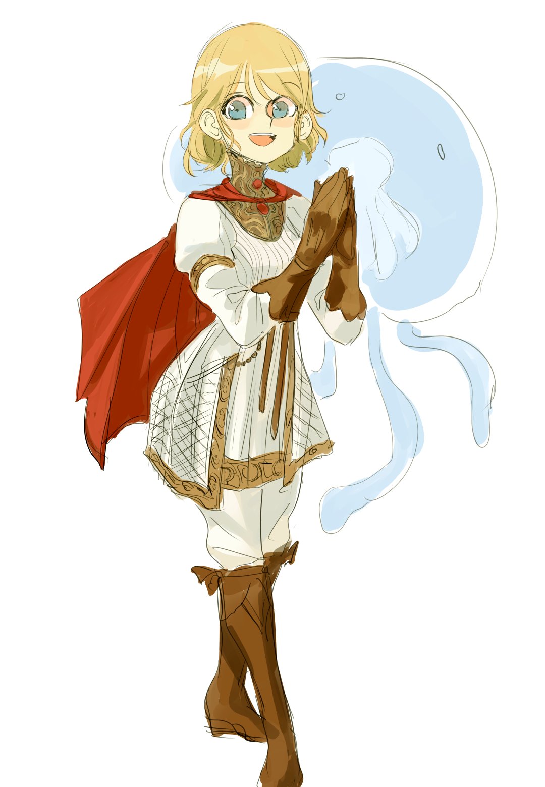 1girl :d anchet7 aurelia_(elden_ring) blonde_hair blue_eyes boots brown_footwear brown_gloves cape dress elden_ring english_commentary full_body gloves gold_trim highres jellyfish long_sleeves looking_at_viewer open_mouth own_hands_together pants red_cape roderika_(elden_ring) short_hair simple_background smile solo teeth upper_teeth_only white_background white_dress white_pants