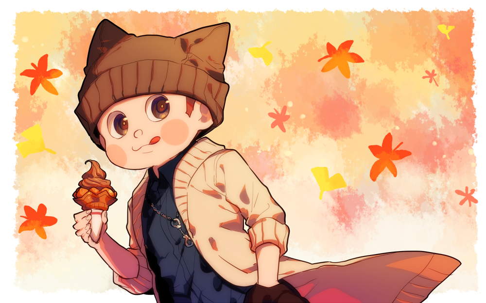 1boy :3 :p adapted_costume alternate_costume animal_ear_headwear animal_ears autumn_leaves beanie black_eyes black_headwear black_pants blue_shirt blush_stickers border brown_hair cat_ears chain closed_mouth collared_shirt commentary_request cowboy_shot cuffs danganronpa_(series) danganronpa_v3:_killing_harmony fake_animal_ears food hand_in_pocket handcuffs hat holding holding_food holding_ice_cream holding_ice_cream_cone hoshi_ryoma ice_cream jacket kogarashi_8 long_sleeves male_focus open_clothes open_jacket orange_background pants partial_commentary shirt short_hair simple_background sleeves_past_elbows smile solo sweater_jacket tongue tongue_out very_short_hair white_border yellow_jacket yellow_sleeves zipper_pull_tab