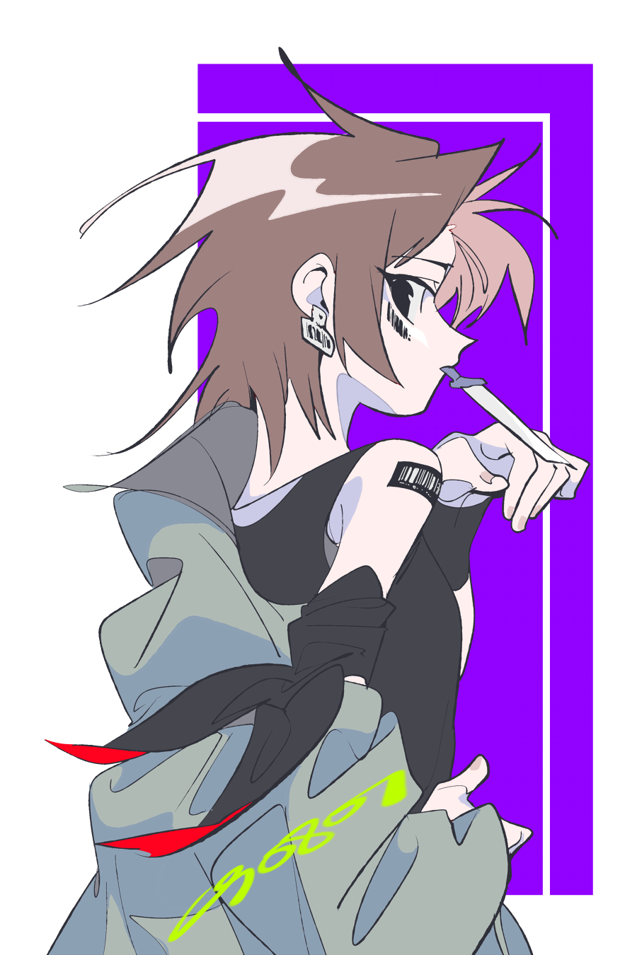 1other androgynous barcode barcode_tattoo black_eyes black_tank_top black_wristband brown_hair chinese_commentary commentary_request green_jacket highres jacket knife_in_mouth kurohebi len'en ling_s mouth_hold other_focus short_hair solo tank_top tattoo upper_body wristband