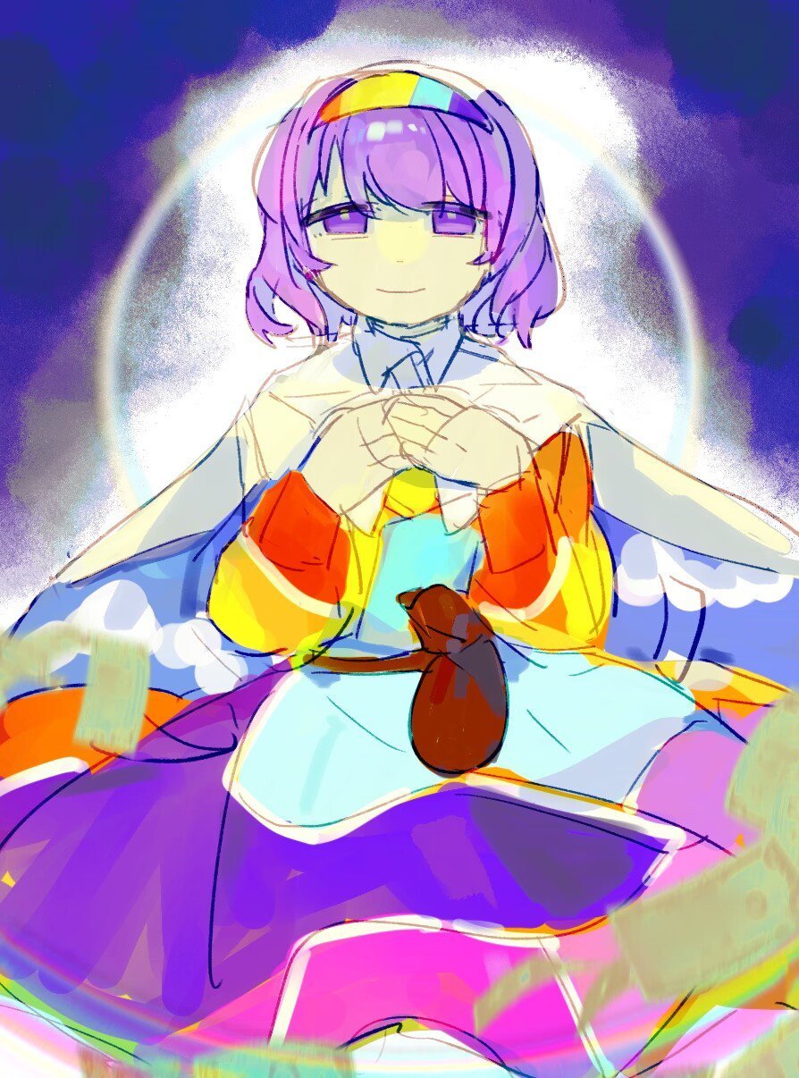 1girl belt brown_belt cape chinese_commentary closed_mouth collared_dress commentary_request dress hairband highres looking_at_viewer multicolored_clothes multicolored_dress multicolored_hairband own_hands_together phagic pouch purple_hair short_hair sketch smile solo tenkyuu_chimata touhou two-sided_cape two-sided_fabric violet_eyes white_cape