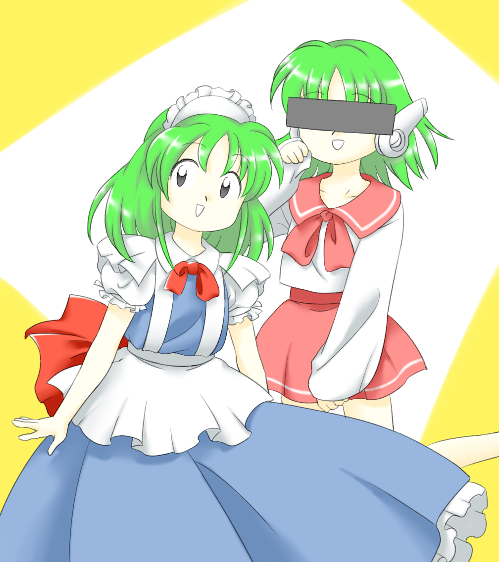 2girls :d blue_dress bow bowtie censored dress green_hair grey_eyes identity_censor maid_headdress medium_hair multi_(to_heart) multiple_girls nonamejd official_style phantasmagoria_of_dim.dream pink_bow pink_bowtie pink_sailor_collar pink_skirt puffy_short_sleeves puffy_sleeves red_bow red_bowtie robot_ears ruukoto sailor_collar shirt short_sleeves single_horizontal_stripe skirt smile to_heart to_heart_(series) touhou touhou_(pc-98) two-tone_background white_background white_shirt yellow_background zun_(style)