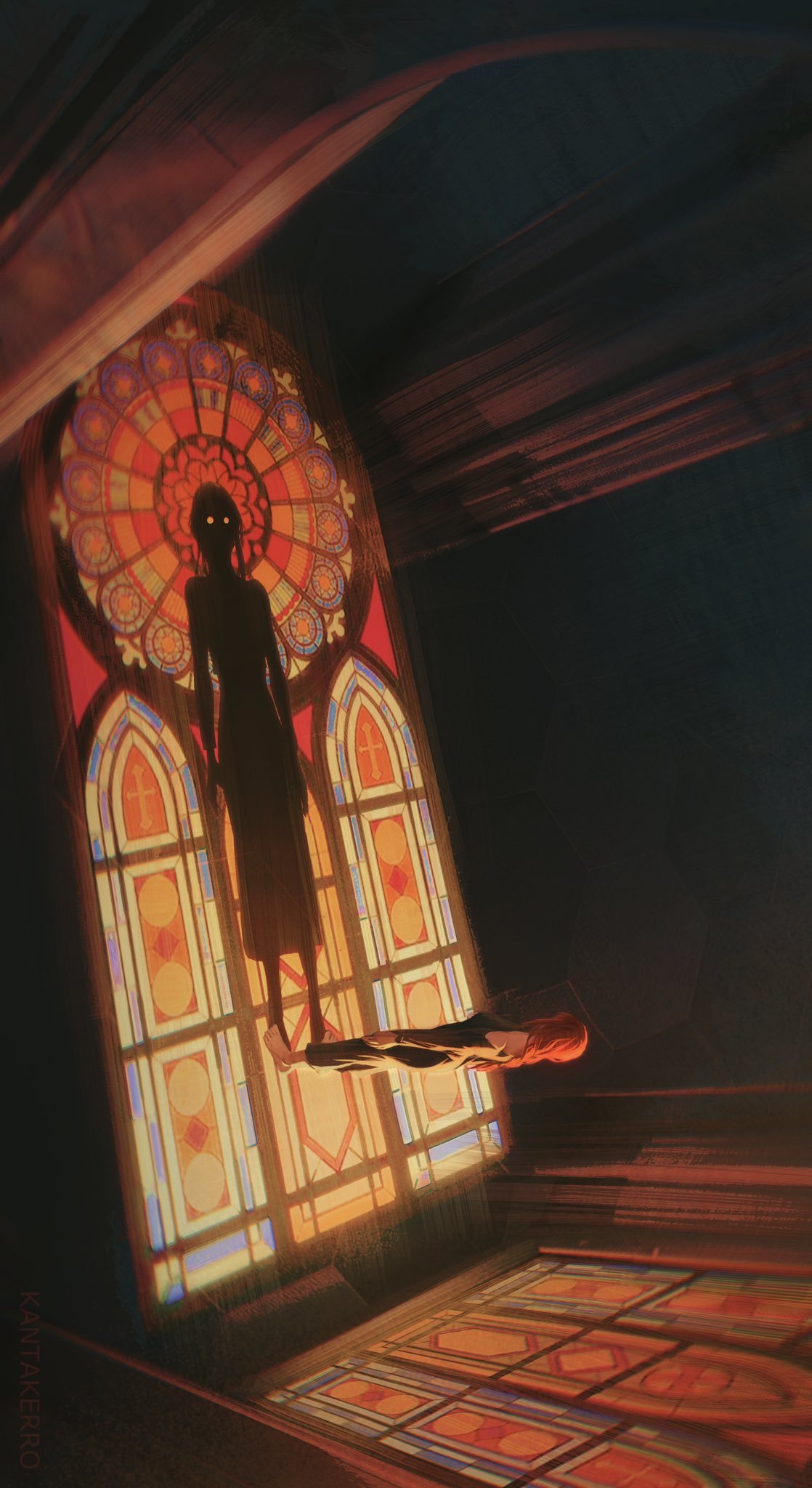 1girl black_dress braid braided_ponytail chainsaw_man church dress eyes_in_shadow highres indoors kantakerro long_hair makima_(chainsaw_man) redhead ringed_eyes shadow solo stained_glass yellow_eyes
