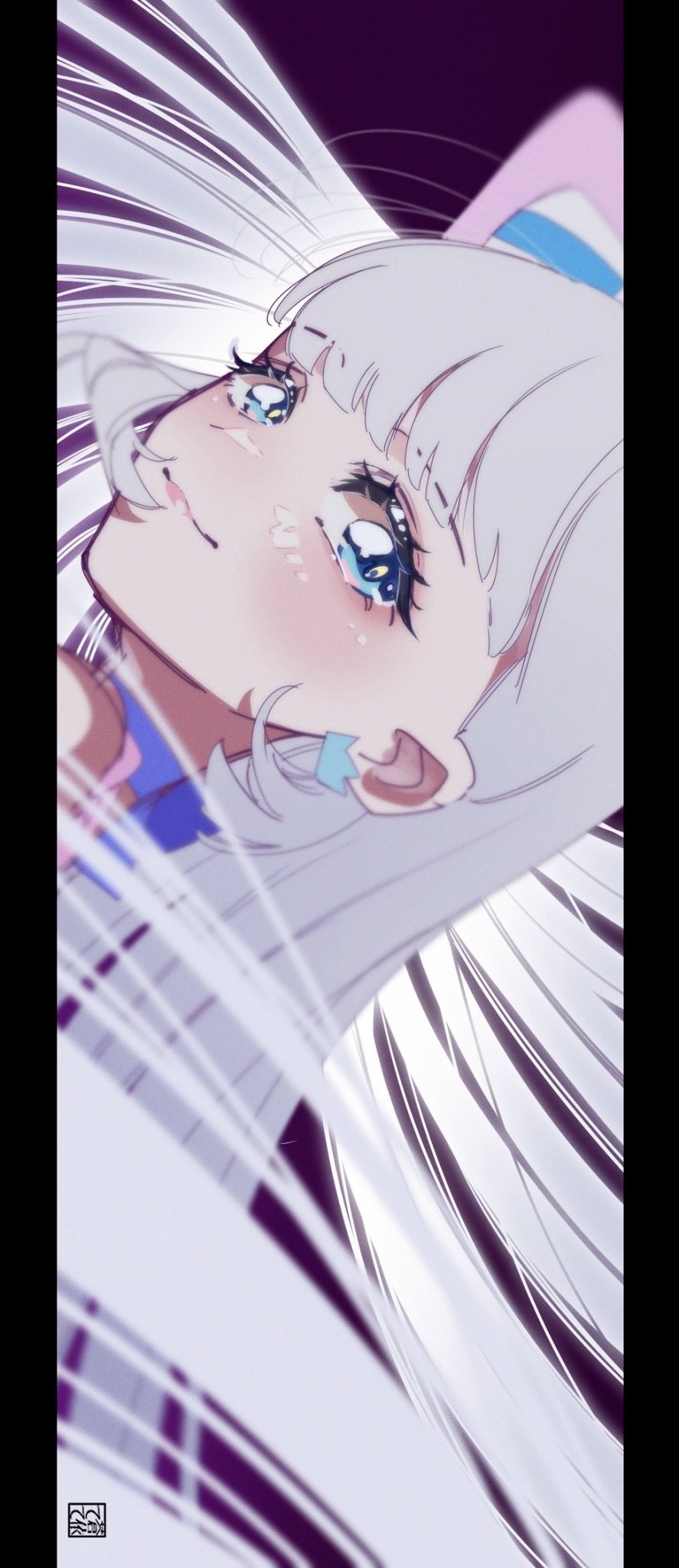 1girl aoi_tete bare_shoulders blue_eyes blurry blush bow choker crown_earrings cure_nyammy depth_of_field earrings eyelashes floating_hair from_side grey_hair highres jewelry letterboxed lipstick logo long_hair looking_at_viewer looking_to_the_side magical_girl makeup nekoyashiki_yuki pink_lips portrait precure purple_background sidelocks sideways sideways_glance simple_background solo straight_hair very_long_hair white_hair wonderful_precure!