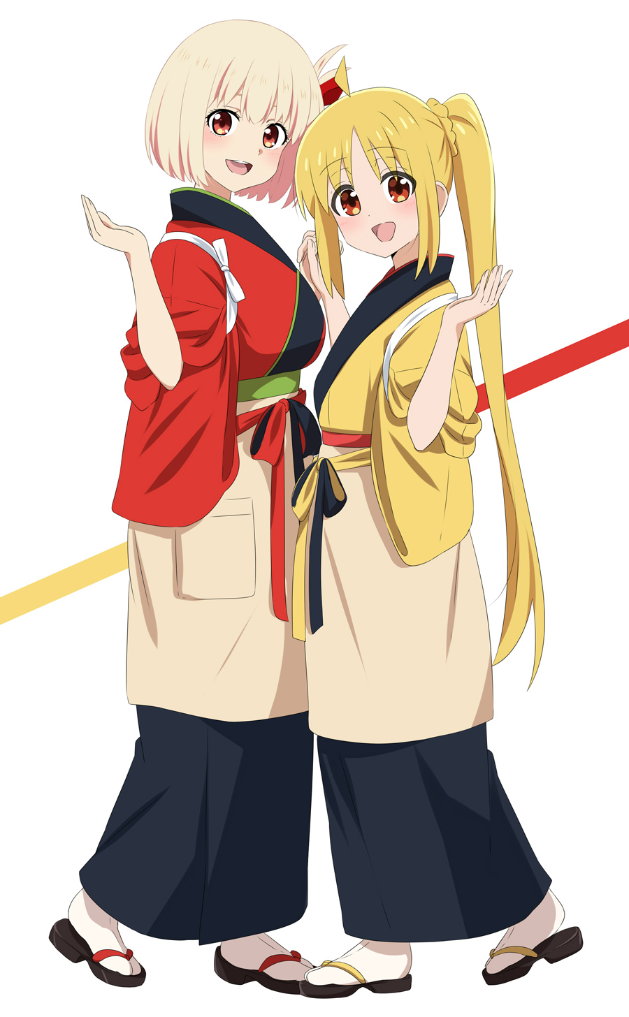 2girls :d ahoge blonde_hair blush bocchi_the_rock! commentary_request crossover dars_(recolors) from_side full_body hair_ribbon highres ijichi_nijika japanese_clothes kimono long_hair looking_at_viewer looking_to_the_side lycoris_recoil multiple_girls nishikigi_chisato open_mouth red_eyes red_kimono red_ribbon ribbon sandals short_hair side_ponytail simple_background smile socks standing white_background white_socks yellow_kimono