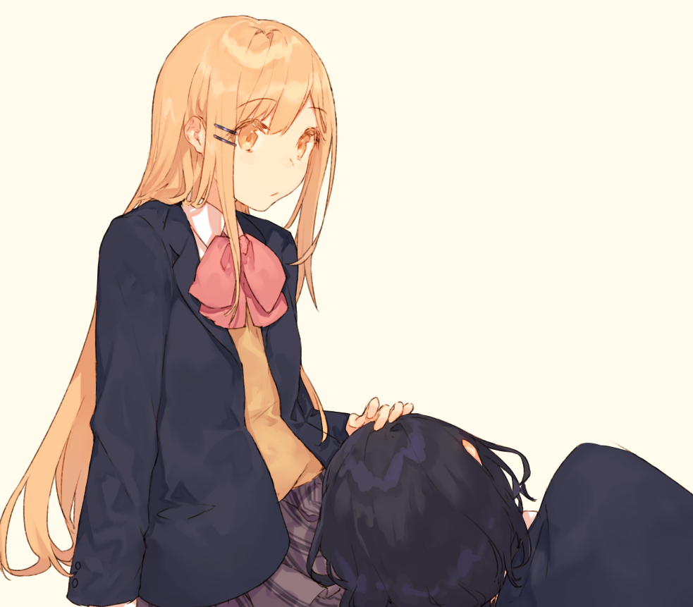 2girls adachi_sakura adachi_to_shimamura ascot black_hair black_jacket blonde_hair closed_mouth collared_shirt facing_away fifuth hair_ornament hairclip hand_on_another's_head jacket lap_pillow long_hair looking_at_viewer multiple_girls pink_ascot shimamura_hougetsu shirt short_hair sidelocks simple_background sitting skirt striped_clothes striped_skirt yellow_background yellow_shirt yuri