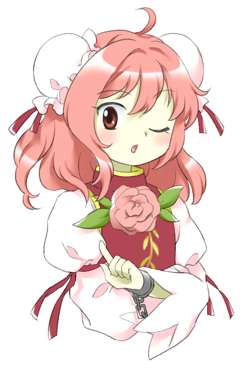 1girl ;o ahoge bun_cover chain cuffs double_bun flat_chest flower hair_bun ibaraki_kasen juliet_sleeves leaf long_sleeves medium_hair nonamejd official_style one_eye_closed open_mouth pink_eyes pink_flower pink_hair puffy_sleeves red_tabard shackles simple_background solo tabard touhou upper_body white_background zun_(style)