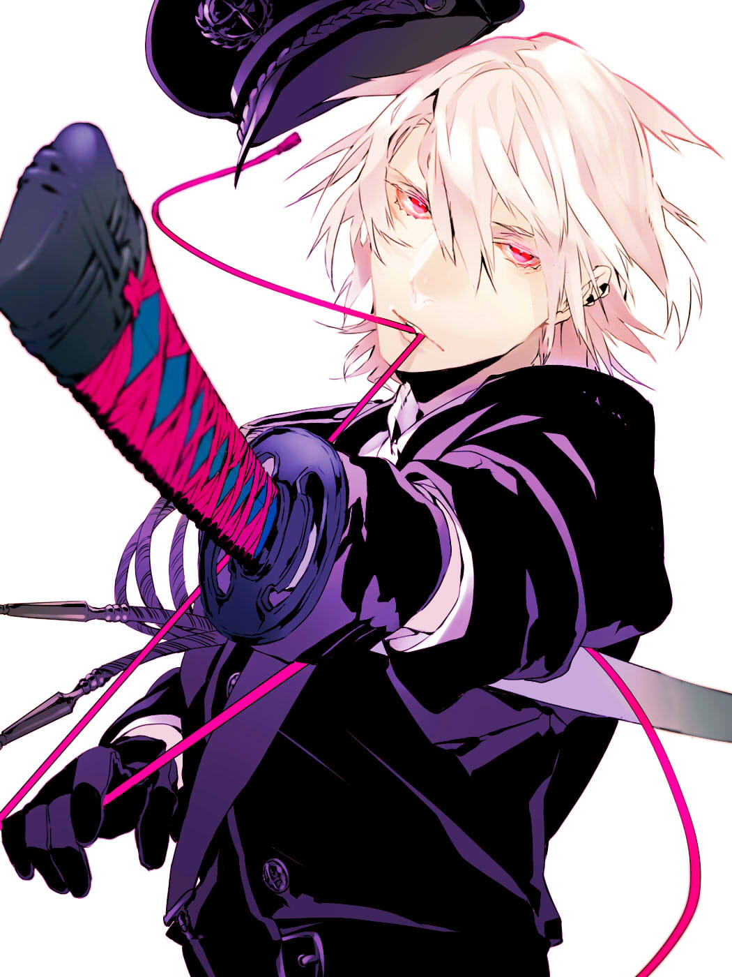1boy belt bishounen black_coat black_headwear blurry blurry_foreground coat ear_piercing fasna floating_hat foreshortening hat head_tilt highres holding holding_sword holding_weapon katana long_sleeves looking_at_viewer male_focus mouth_hold original piercing pink_eyes pink_string short_hair simple_background solo string sword unsheathed upper_body weapon white_background white_hair