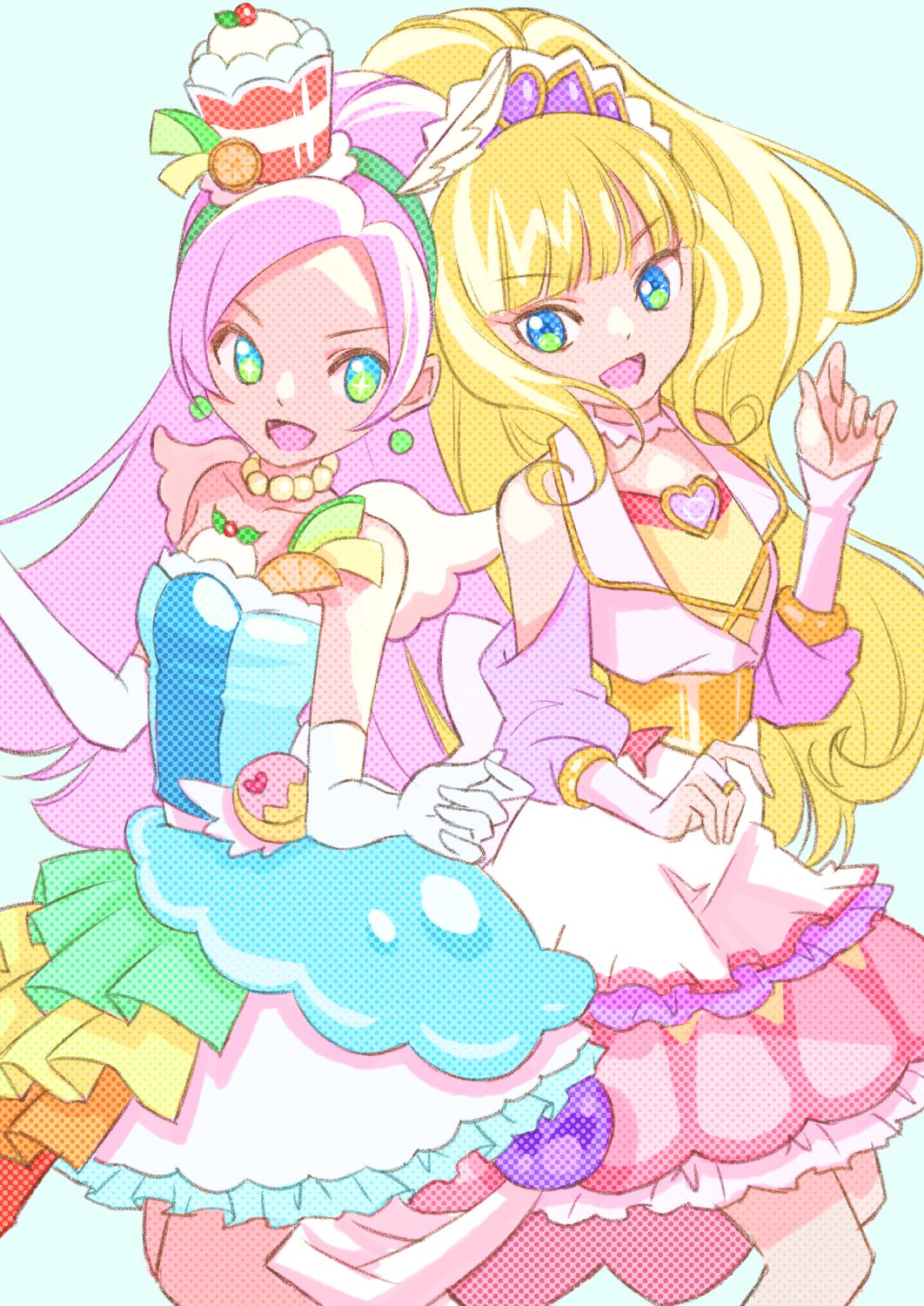 2girls bead_necklace beads big_hair blonde_hair blue_eyes blunt_bangs clothing_cutout commentary cure_finale cure_parfait delicious_party_precure dress earrings english_commentary food-themed_clothes food-themed_hair_ornament frilled_dress frills gloves green_hairband hair_ornament hairband highres in-franchise_crossover jewelry jj_(ssspulse) kasai_amane kirahoshi_ciel kirakira_precure_a_la_mode long_bangs long_hair long_sleeves looking_at_viewer magical_girl medium_dress multicolored_clothes multicolored_dress multiple_girls necklace open_mouth parfait pink_hair precure purple_headwear shoulder_cutout side-by-side smile standing tiara trait_connection white_dress white_gloves