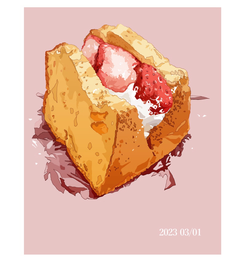 border bread dated dessert food food_focus fruit matsuyama_kojika no_humans original still_life strawberry whipped_cream white_border