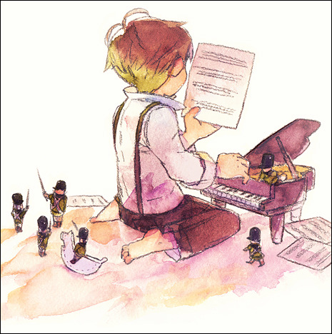 1boy 21grams-a antenna_hair barefoot black_pants blonde_hair child collared_shirt commentary_request from_behind high_collar holding holding_paper instrument long_sleeves lowres male_focus mini_piano music original painting_(medium) pants paper piano playing_instrument playing_piano sheet_music shirt short_hair simple_background sitting solo suspenders toes toy_soldier traditional_media wariza watercolor_(medium) white_background white_shirt white_sleeves