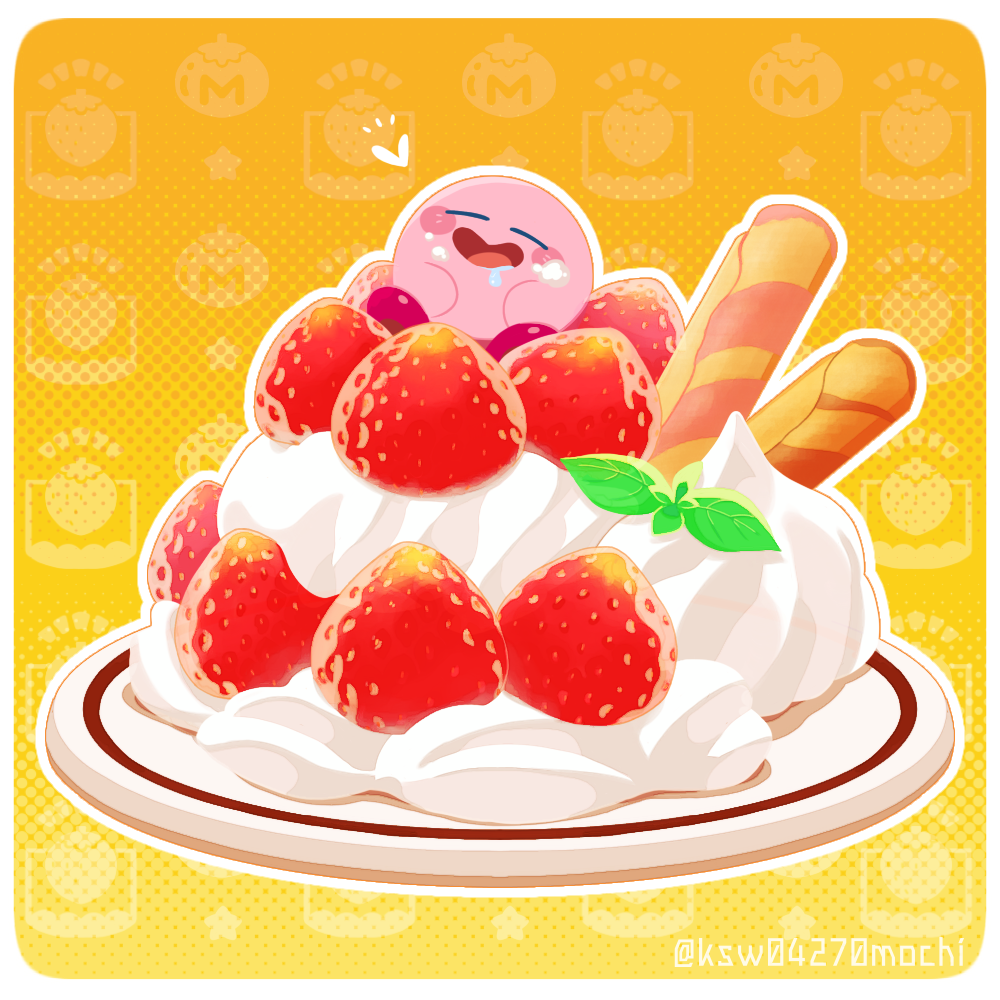 blush_stickers closed_eyes colored_skin drooling food food_on_face fruit heart kashiwa_(ksw04270mochi) kirby kirby's_dream_buffet kirby_(series) maxim_tomato no_humans open_mouth outline oversized_food oversized_object pink_skin plate smile solo strawberry wafer_stick white_outline