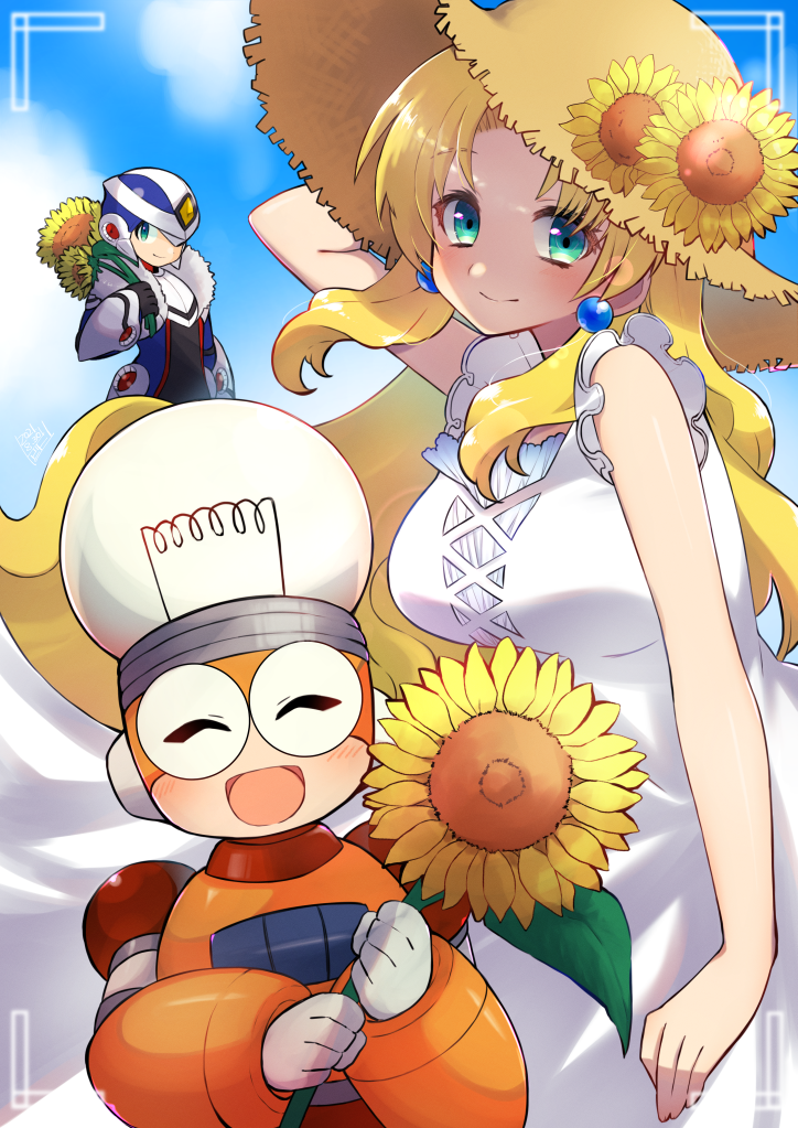 1girl 2boys aged_up arm_up blonde_hair blush breasts bright_man character_request closed_eyes closed_mouth commentary_request dress earrings flower green_eyes hat holding holding_flower jewelry kalinka_cossack_(mega_man) large_breasts looking_at_viewer mega_man_(classic) mega_man_(series) mega_man_4 multiple_boys open_mouth over-1_(mega_man) rockman_xover sleeveless sleeveless_dress smile sun_hat sunflower tobitori white_dress