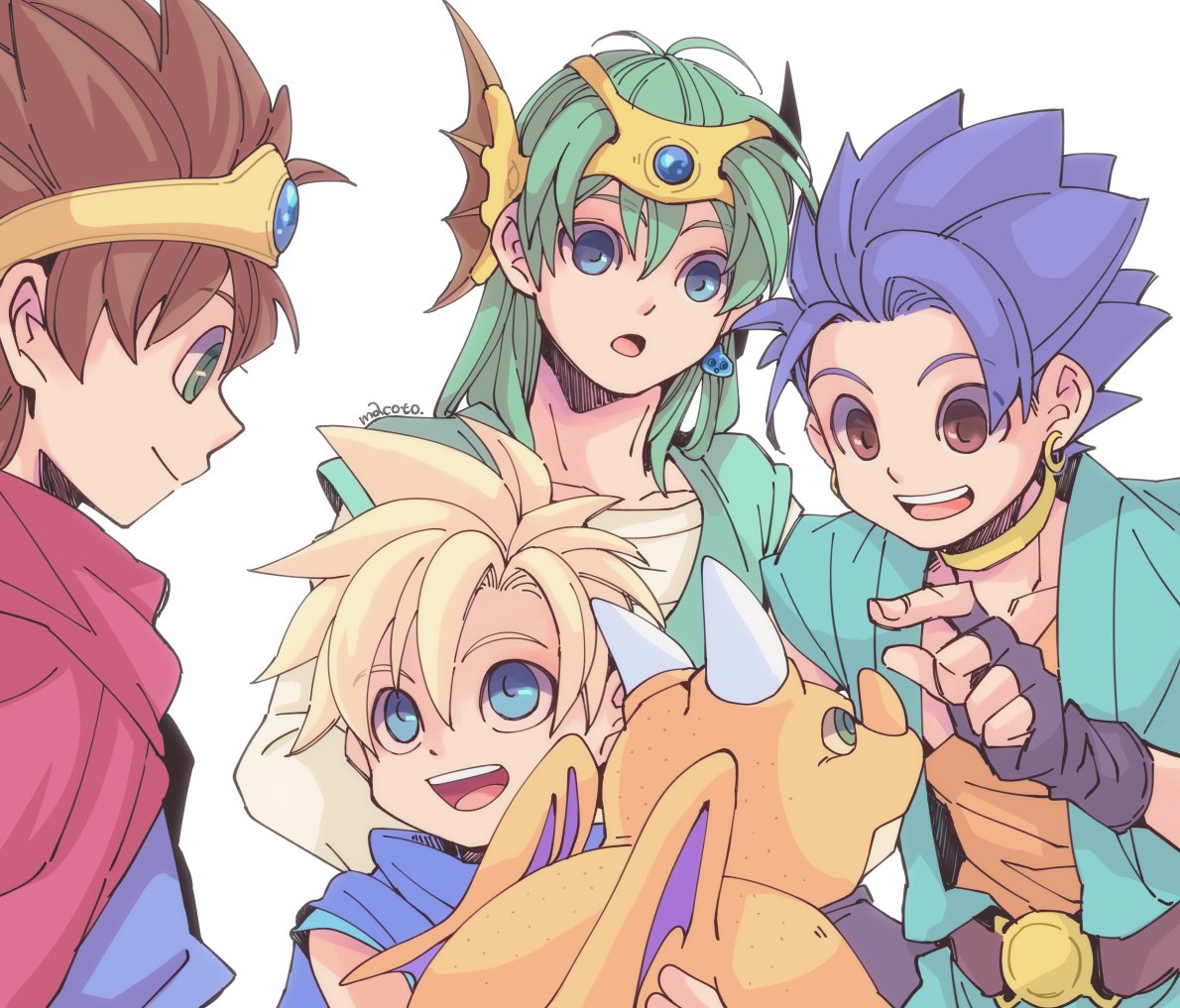 29qmatatavi 4boys belt blonde_hair blue_cape blue_cloak blue_eyes blue_gemstone blue_hair blue_tunic brown_eyes brown_hair cape child circlet cloak collarbone dragon dragon_quest dragon_quest_iii dragon_quest_iv dragon_quest_v dragon_quest_vi earrings fingerless_gloves gem gloves green_hair green_tunic headset hero's_son_(dq5) hero_(dq3) hero_(dq4) hero_(dq6) jewelry long_sleeves looking_at_another male_focus medium_hair monster multiple_boys neck_ring open_mouth parted_lips red_cape roto_(dq3) shirt short_hair small_fry_(dragon_quest) smile spiky_hair teeth upper_body upper_teeth_only white_background white_shirt