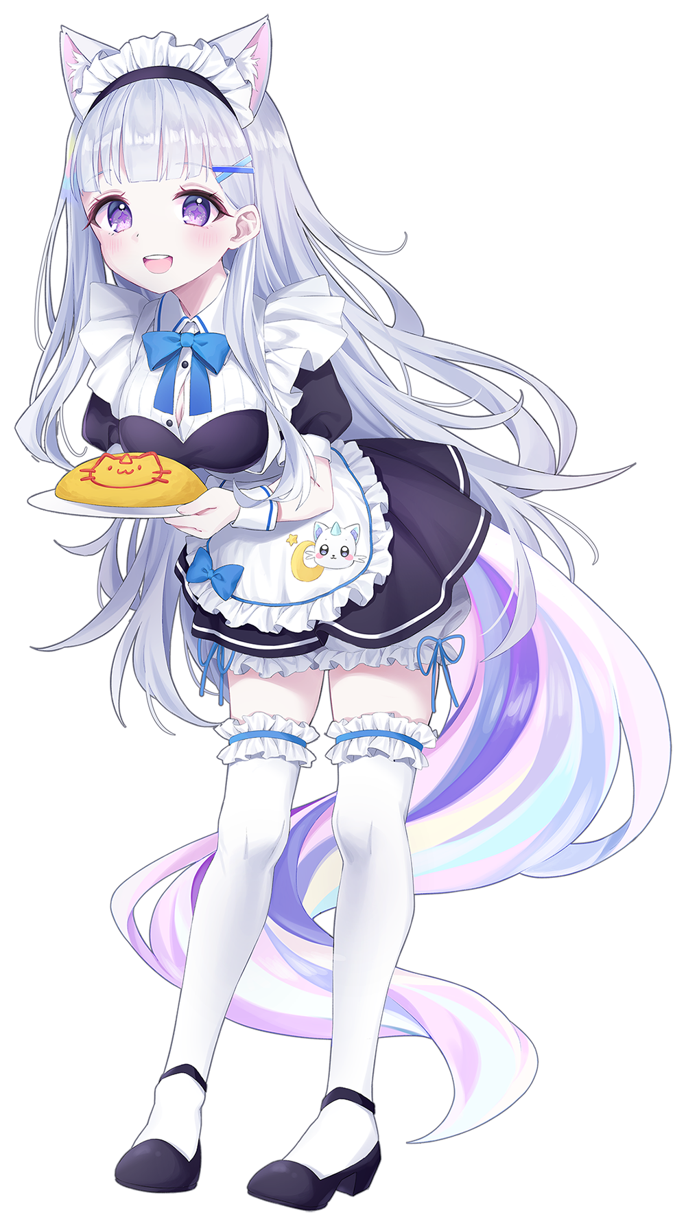 1girl :d alternate_costume animal_ear_fluff animal_ears apron ayatsuno_yuni black_dress black_footwear blue_bow bow chobi_(penguin_paradise) collared_dress dress enmaided food frilled_apron frilled_thighhighs frills full_body grey_hair hair_ornament hairclip highres holding holding_plate leaning_forward long_hair looking_at_viewer maid maid_headdress omelet omurice plate puffy_short_sleeves puffy_sleeves shoes short_sleeves simple_background smile solo standing stellive tail thigh-highs very_long_hair violet_eyes virtual_youtuber white_apron white_background white_thighhighs