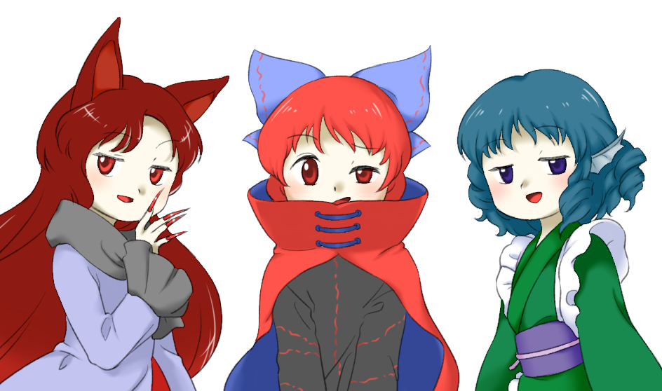 3girls :d animal_ears blue_bow blue_hair bow fingernails fins grass_root_youkai_network green_kimono hair_bow head_fins imaizumi_kagerou japanese_clothes kimono long_fingernails long_hair long_sleeves multiple_girls nail_polish nonamejd obi official_style open_mouth purple_sash red_eyes red_nails redhead sash sekibanki sharp_fingernails short_hair simple_background smile touhou uneven_eyes violet_eyes wakasagihime white_background wolf_ears wolf_girl zun_(style)