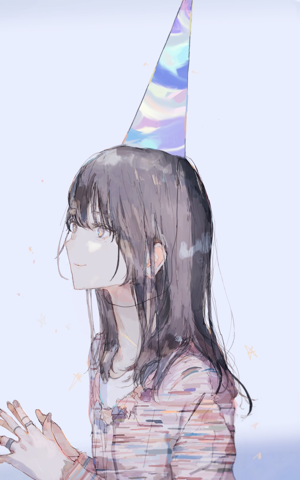 1girl black_hair closed_mouth grey_nails hat highres jewelry long_hair long_sleeves multicolored_shirt nail_polish original party_hat purple_background ring shirt sketch smile solo star_(symbol) upper_body yori_(f2_ef7)