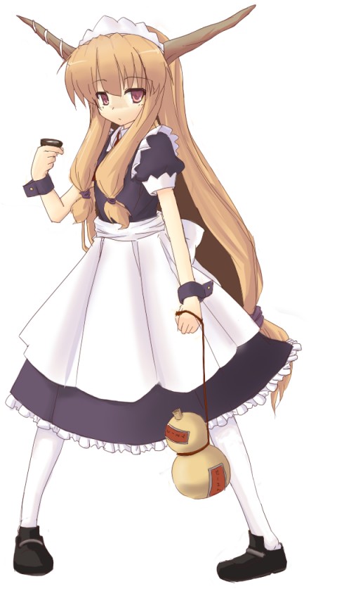 alternate_costume brown_eyes brown_hair enmaided horns ibuki_suika long_hair maid maid_headdress pantyhose purple_eyes solo touhou very_long_hair wrist_cuffs