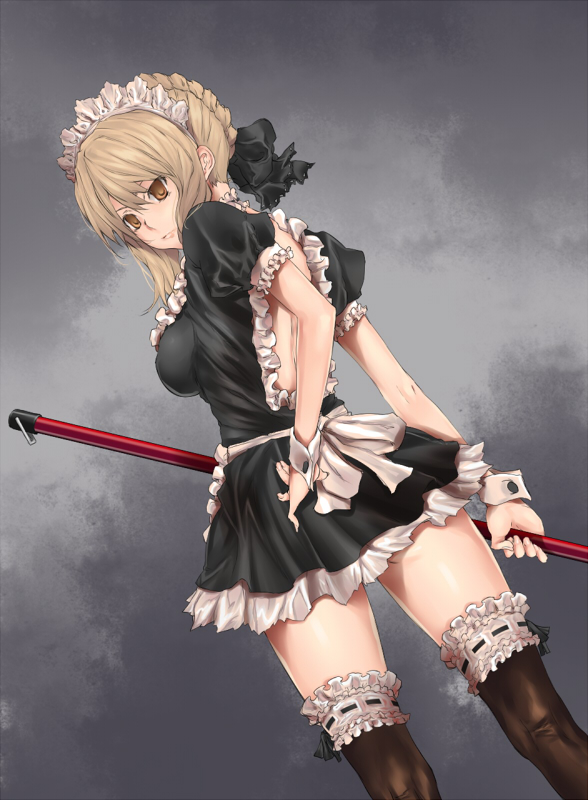 black_legwear blonde_hair breasts fate/stay_night fate_(series) frills garters impossible_clothes impossible_shirt looking_back maid maid_headdress mop rokuichi saber saber_alter shirt sideboob simple_background solo thigh-highs thighhighs wrist_cuffs yellow_eyes zettai_ryouiki