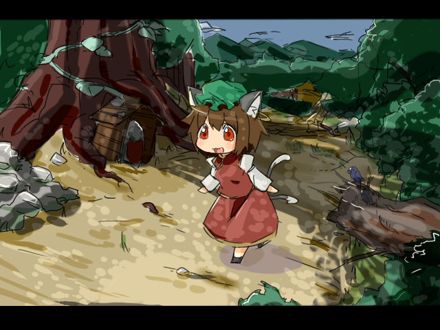 brown_hair cat_ears cat_tail chen hat mori_shin_risuku multiple_tails red_eyes short_hair tail touhou