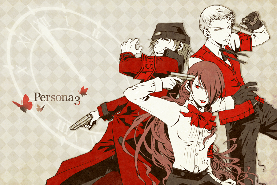 armband black_hair evoker gengendo gun gun_to_head hair_over_one_eye kirijou_mitsuru long_hair persona persona_3 red_hair redhead sanada_akihiko silver_hair weapon