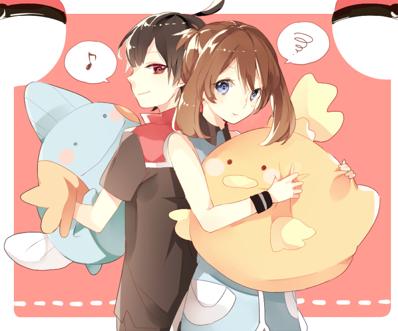 1boy 1girl back-to-back black_hair blue_eyes blush_stickers brown_hair character_doll couple mudkip musical_note odamaki_sapphire poke_ball pokemon pokemon_special prin_dog red_eyes ruby_(pokemon) short_hair smile spoken_musical_note spoken_squiggle squiggle torchic wristband