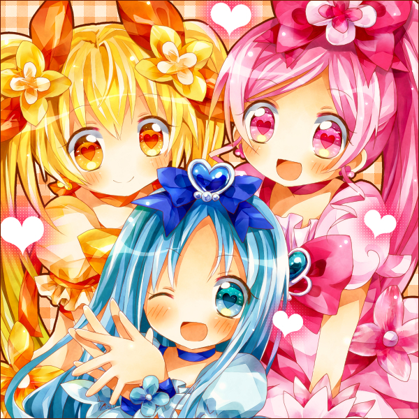 ;d blonde_hair blue_eyes blue_hair cure_blossom cure_marine cure_sunshine futari_wa_precure hair_ornament hanasaki_tsubomi happy heart heart-shaped_pupils heart_eyes heartcatch_precure! hinase_haruka kurumi_erika long_hair magical_girl multiple_girls myoudouin_itsuki open_mouth pink_eyes pink_hair precure smile symbol-shaped_pupils twintails wink yellow_eyes