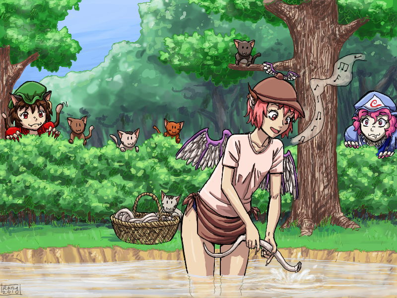 3girls animal_ears basket brown_hair cat cat_ears cat_tail chen claws drooling earrings eel fangs hat jewelry multiple_girls multiple_tails musical_note mystia_lorelei nature pink_eyes pink_hair ragathol red_eyes river saigyouji_yuyuko saliva short_hair singing tail too_many_cats touhou tree wading water wings you_gonna_get_raped
