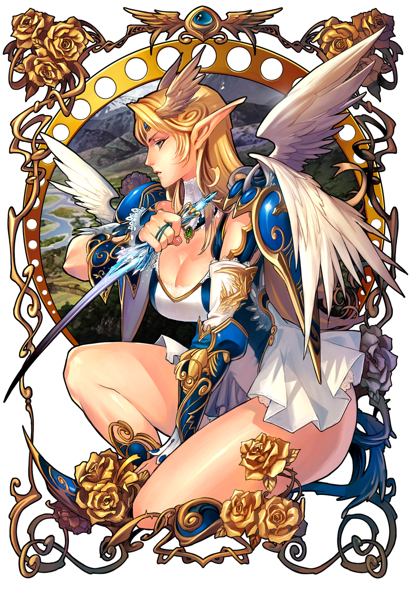 1girl armor armored_dress art_nouveau blonde_hair blue_eyes cleavage dagger elf female flower from_side head_wings highres holding holding_dagger holding_weapon original pointy_ears rose sayo_tanku solo squatting valkyrie weapon wings yellow_rose