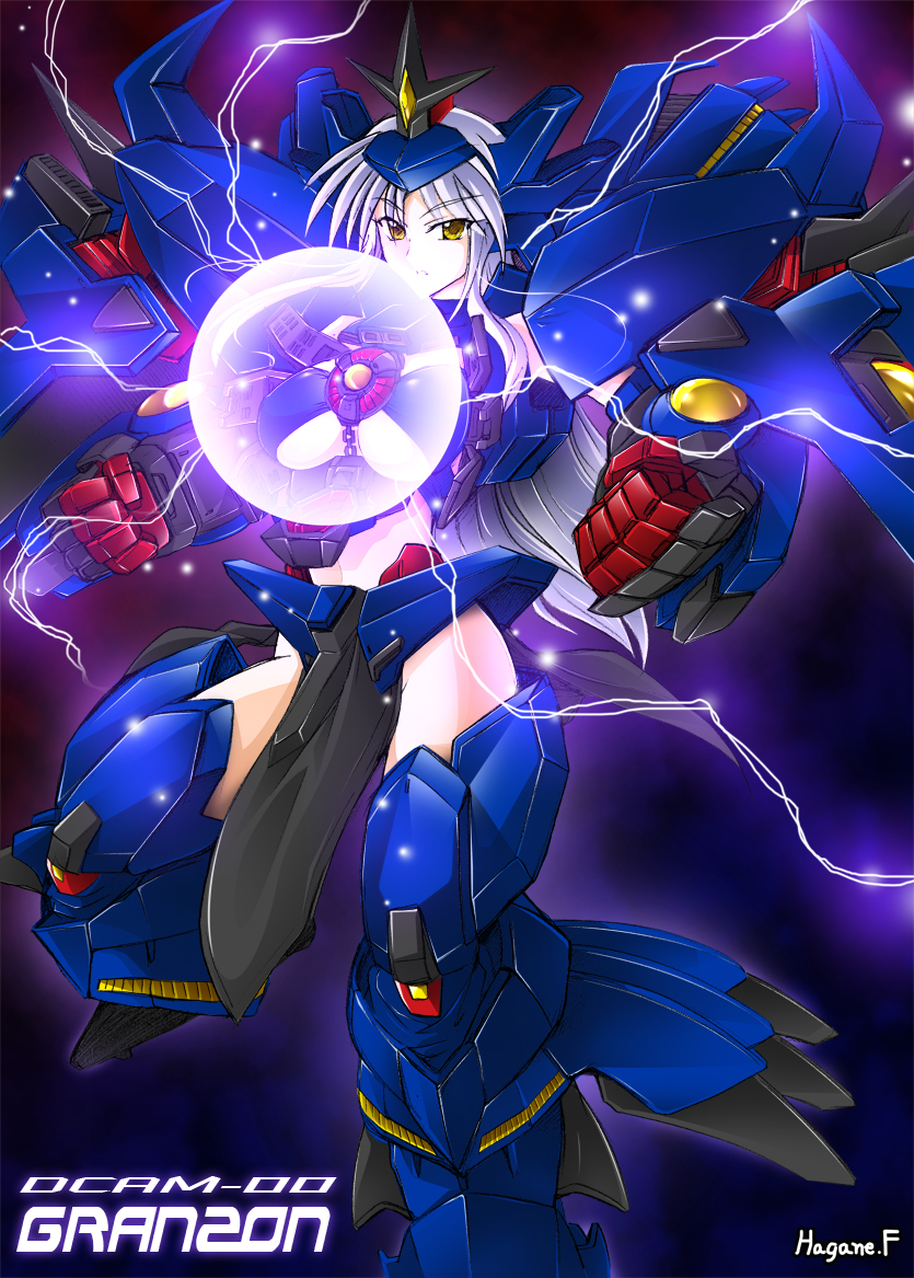 breasts clenched_hands electricity energy_ball fist granzon haganef mecha_musume midriff silver_hair solo super_robot_wars super_robot_wars_the_lord_of_elemental text under_boob underboob yellow_eyes