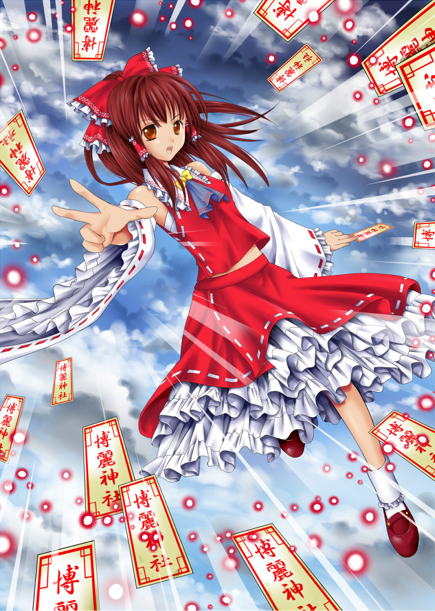 brown_eyes brown_hair danmaku detached_sleeves hair_bow hakurei_reimu highres ofuda touhou