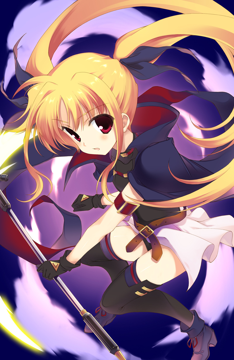 black_legwear black_thighhighs blonde_hair fate_testarossa gloves hair_ribbon highres kugajou_takaya long_hair mahou_shoujo_lyrical_nanoha naruse_hirofumi red_eyes ribbon thigh-highs thighhighs twintails