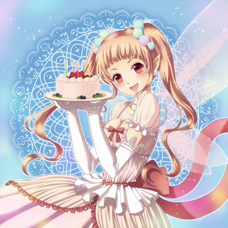 breasts brown_eyes cake candle cleavage detached_sleeves food frills gloves long_hair nunucco original pointy_ears solo twintails