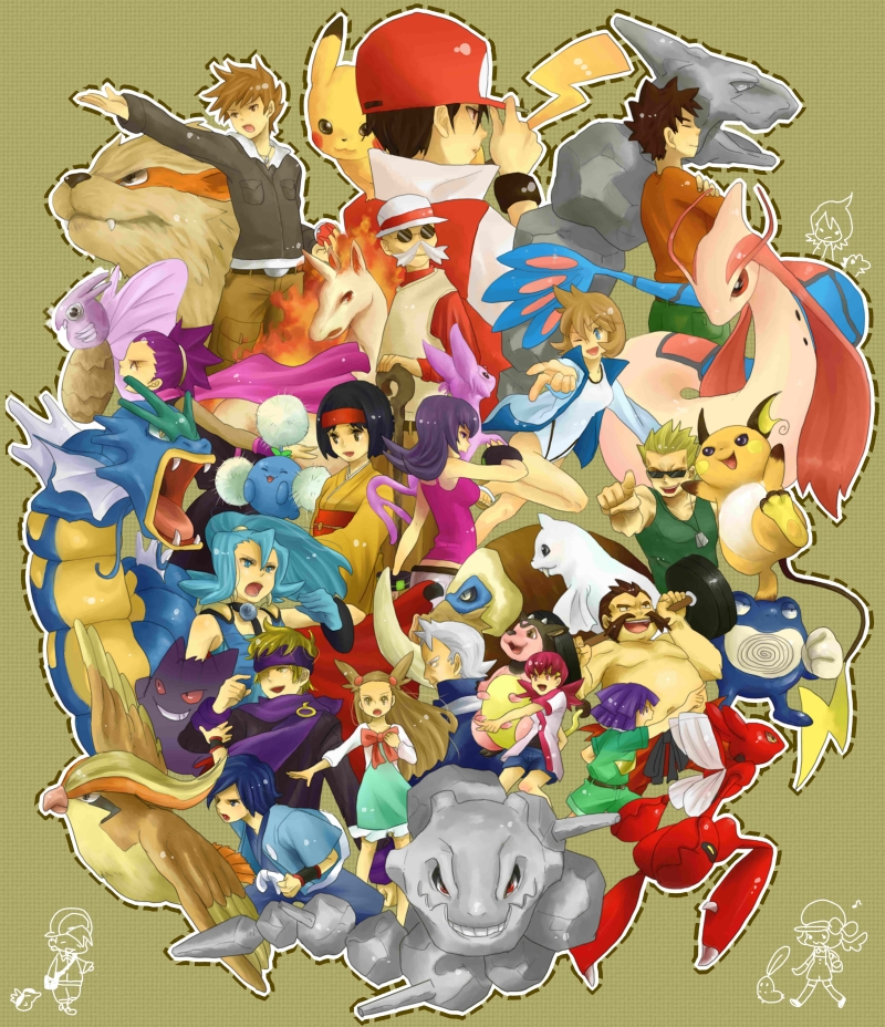 6+girls akane_(pokemon) alternate_costume angry anzu_(pokemon) baseball_cap bird blonde_hair blue_eyes brown_eyes brown_hair cameo chikorita closed_eyes cyndaquil dewgong dotted_outline erika_(pokemon) espeon everyone facial_hair fangs flipped_hair gengar gloves gold_(pokemon) gold_(pokemon)_(cameo) gold_(pokemon)_(remake) gyarados gym_leader hair_over_one_eye hand_on_hat hat hayato_(pokemon) headband holding holding_poke_ball ibuki_(pokemon) jacket jumpluff kasumi_(pokemon) kasumi_(pokemon)_(hgss) katsura_(pokemon) katsura_(pokemon)_(hgss) kotone_(pokemon) kotone_(pokemon)_(cameo) machisu_(pokemon) machisu_(pokemon)_(hgss) mamoswine matsuba_(pokemon) mikan_(pokemon) milotic miltank moth multiple_boys multiple_girls mustache natsume_(pokemon) natsume_(pokemon)_(hgss) ninja nintendo one_(brs) onix ookido_green ookido_green_(hgss) orange_hair pidgeotto pikachu pink_eyes pink_hair poke_ball pokemon pokemon_(creature) pokemon_(game) pokemon_gsc pokemon_heartgold_and_soulsilver poliwrath purple_hair raichu rapidash red_(pokemon) red_eyes scarf scizor shijima_(pokemon) silver_(pokemon)_(cameo) silver_(pokemon)_(remake) simple_background steelix sunglasses takeshi_(pokemon) takeshi_(pokemon)_(hgss) totodile tsukushi_(pokemon) twintails unicorn venomoth white_gloves wink yanagi_(pokemon) yanagi_(pokemon)_(remake)